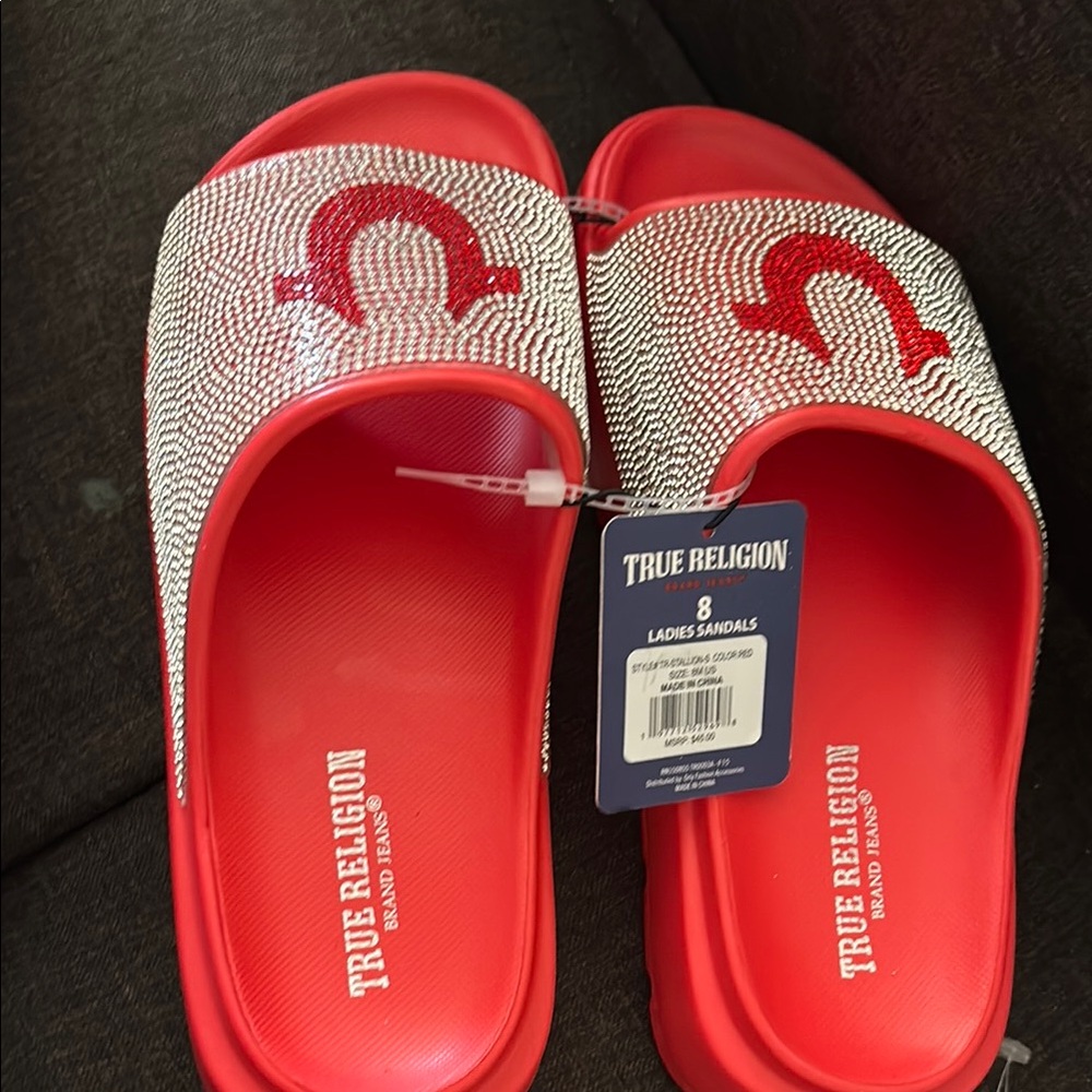 True Religion Red and Silver Slide Sandals